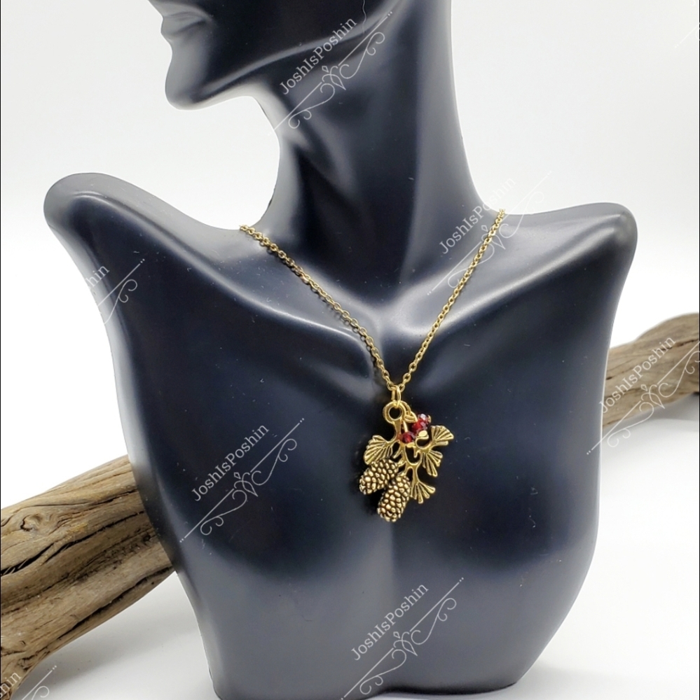 Handmade gold pinecone branch christmas necklace